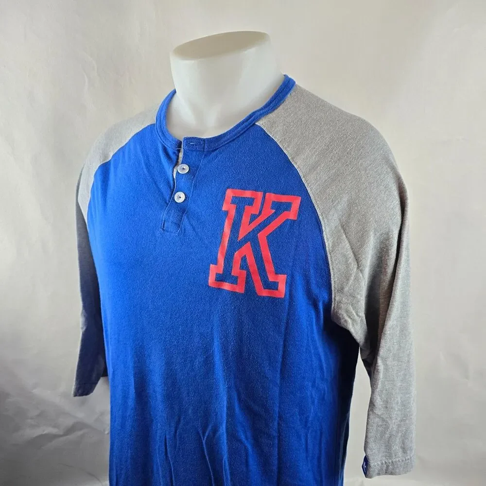 Kansas Jayhawks T Shirt Mens Large Blue Gray Adidas Henley Raglan Retro Style